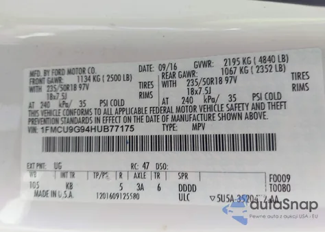 2017 Ford Escape Se из США, поврежденный, VIN 1FMCU9G94HUB77175